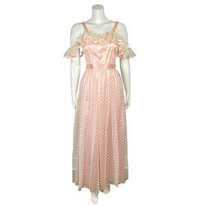Vintage 80s Glenrob Pink Polka Dot Tulle Overlay Prom Dress Gown Size 13/14